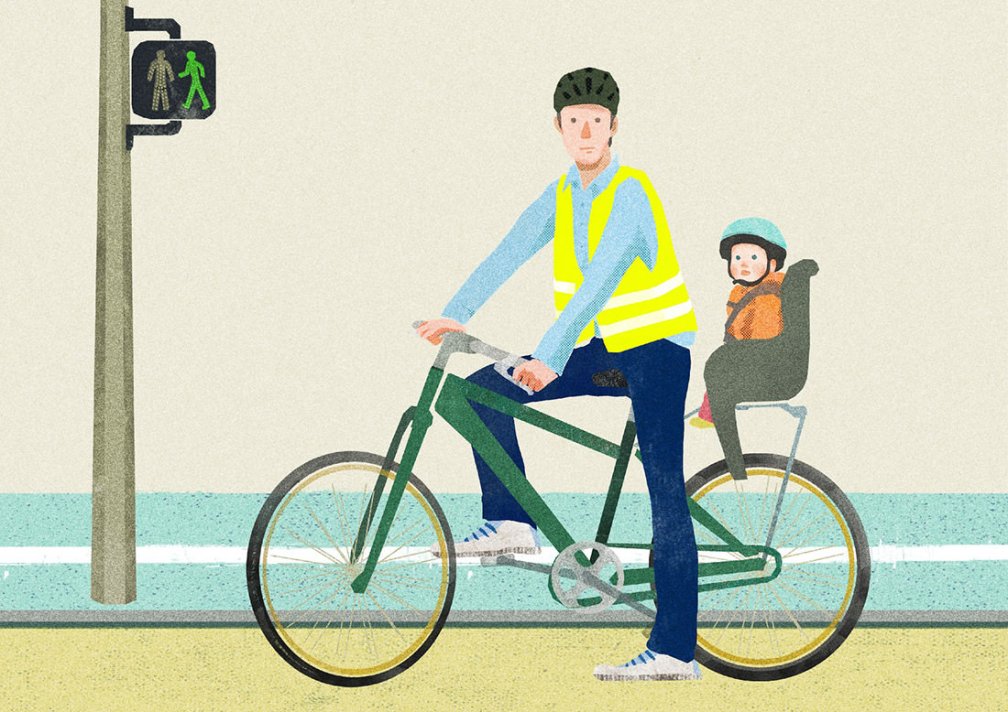 dessin d'un père avec son fils sur un vélo